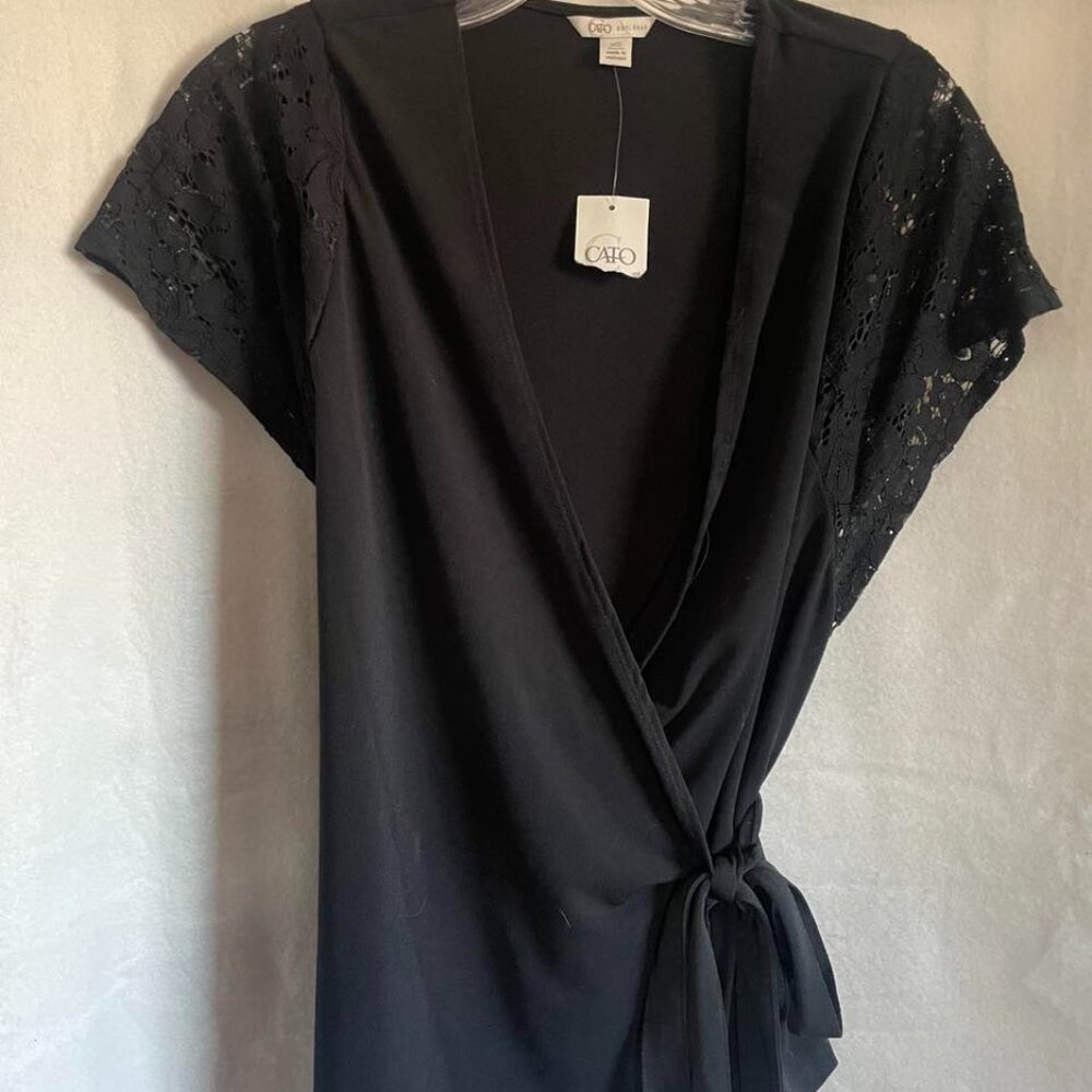 NWT Cato Women's Black Wrap Around Blouse with Lace Sleeves size XS
